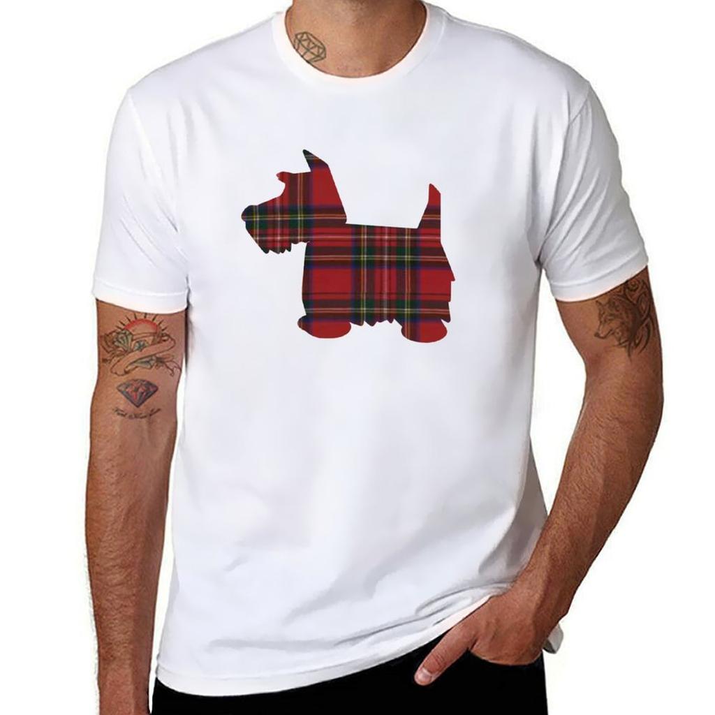 Tricou cu imprimeu grafic câine Scottie model Royal Stewart Tartan, cu mânecă scurtă