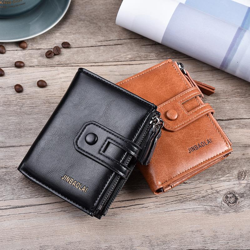 Newest Retro Buckle Men'S Wallet Luxury Brand Pu Leather 3 Fold Card Holder Multifunctional Double Zipper Coin Purse Carteras