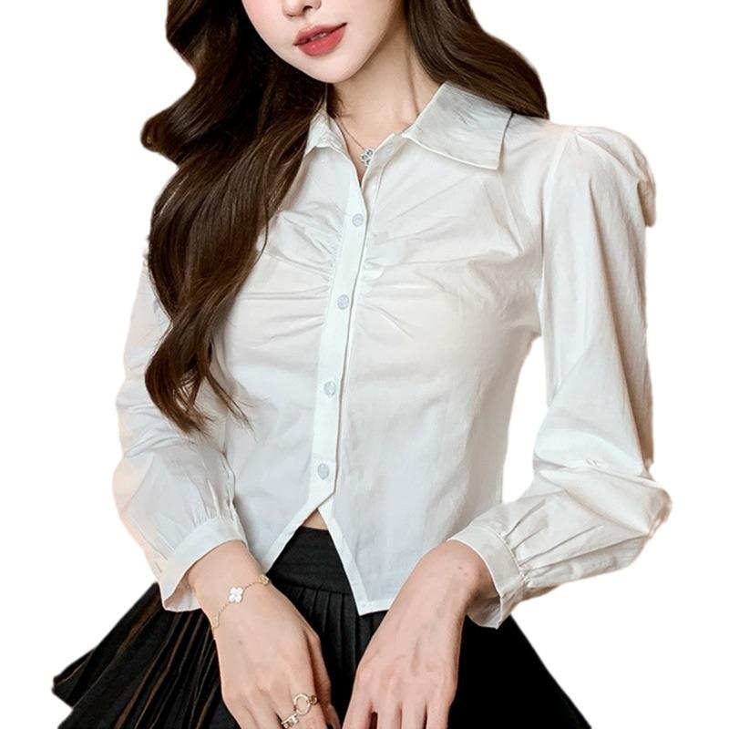 Women's Autumn Solid Colour Cardigan Lapel Long Sleeve Pleated Button Shirt