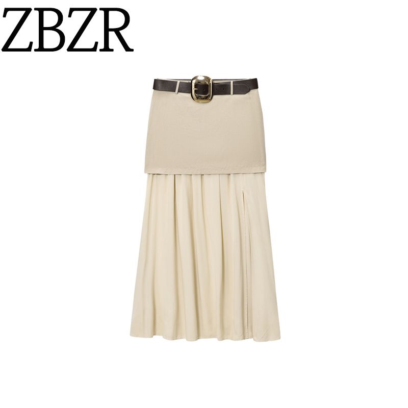 Za Autumn New Arrivals Women's Clothing Zr European and American Style Fashionable Versatile Daily Casual Midi Skirt with Belt and Patchwork