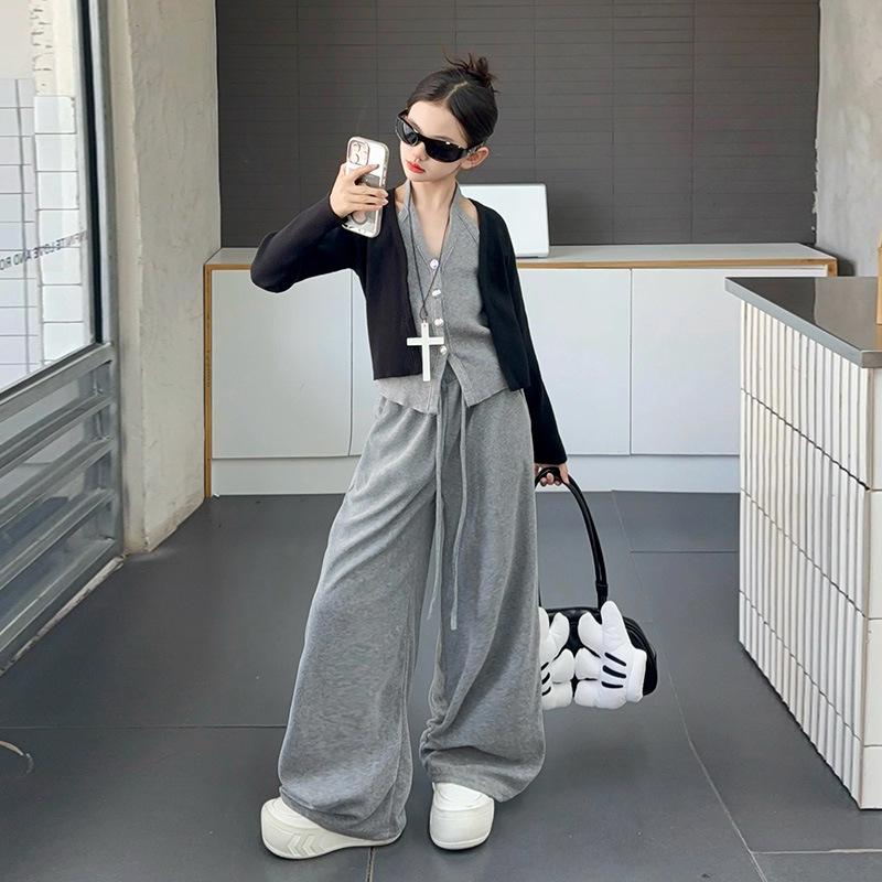 2025 Girls' Trendy Two-Piece Autumn Set: Cardigan Sweater & Wide-Leg Pants