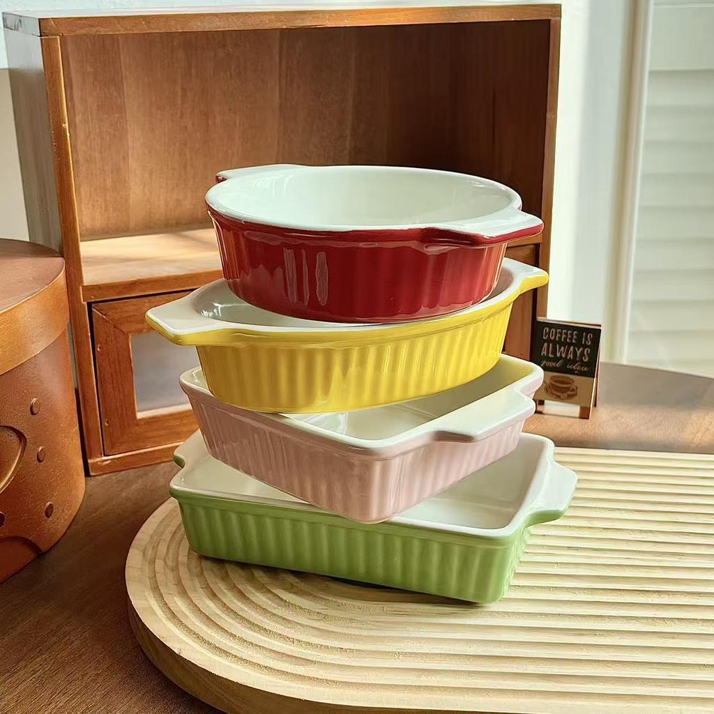 Creative Color Striped Binaural Baking Pan Household Ceramic Microwave Oven Baking Pan Cheese Baked Rice Pan