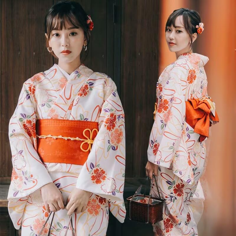 BUITVOZE Kimono Set and Hair for Cherry Blossom Adult and Heko Obi Size Fits One Size Fits Women's 4-Piece (Yukata, Obi, Fan, Accessory) Viewing,
