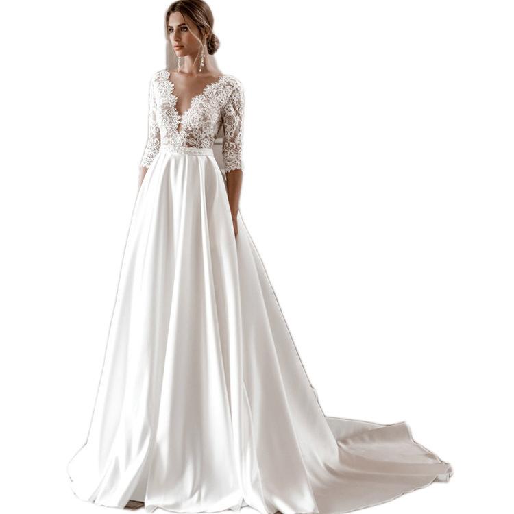 Main Wedding Dress New Bridal High Neck Medium Sleeve Lace Slim Trailing Luxury A-Version Wedding Dress Spring