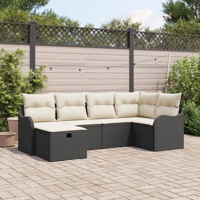Ensemble de canapé de jardin 6 pièces avec coussins noir poly rattan, Canapé de jardin 2 places avec rangement et coussins 3360308