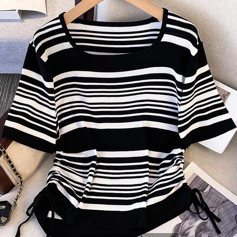 Women Sweaters Pullovers 2025 Summer Short Sleeve O-Neck White Black Striped Knitted Sweater Women Tops Pullover JJ182