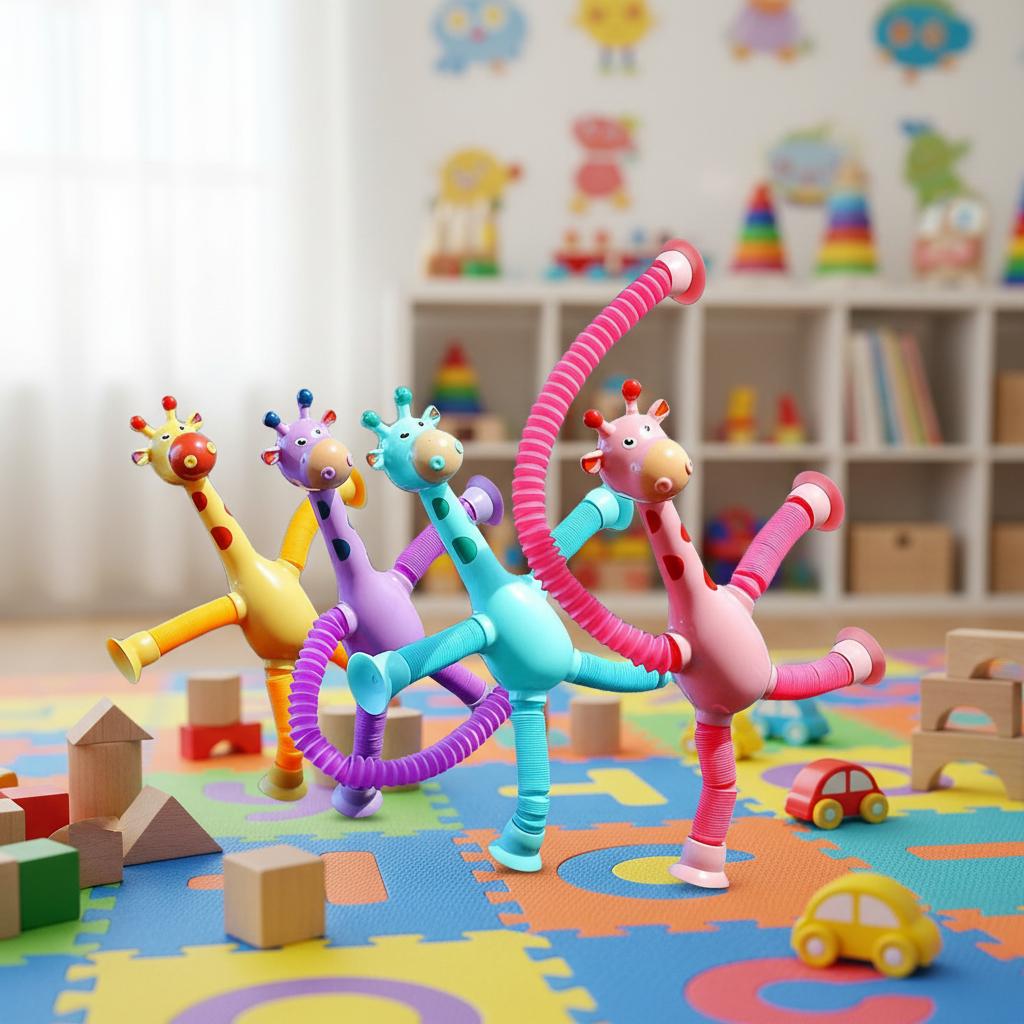Novelty Giraffe Cartoon Telescopic Tube Educational Plastic Stress Relief Toy with Suction Cup Variable Shape for Child Gifts