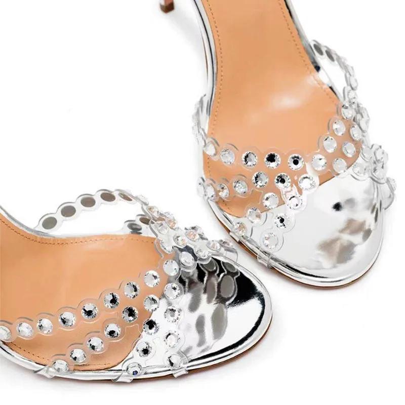 Luxury Rhinestone Designer Women Sandals Sexy Narrow Band Ankle-Wrap Thin High Heels for Women Summer Elegant Banquet Dress Shoe