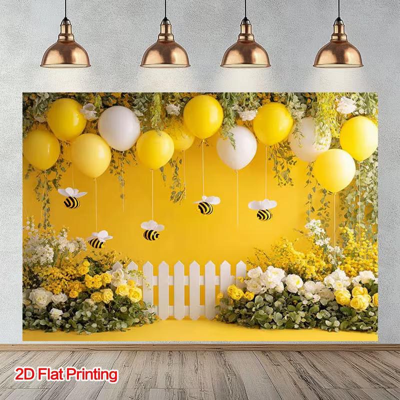 2D Printed Backdrop with Yellow Balloons, Bees, Flowers and White Fence