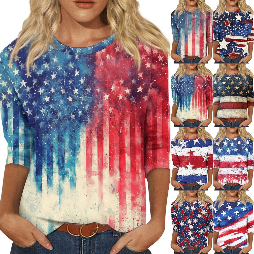 Damenmode Lässiges Rundhals-T-Shirt mit 3/4-Ärmeln und lockerem Aufdruck