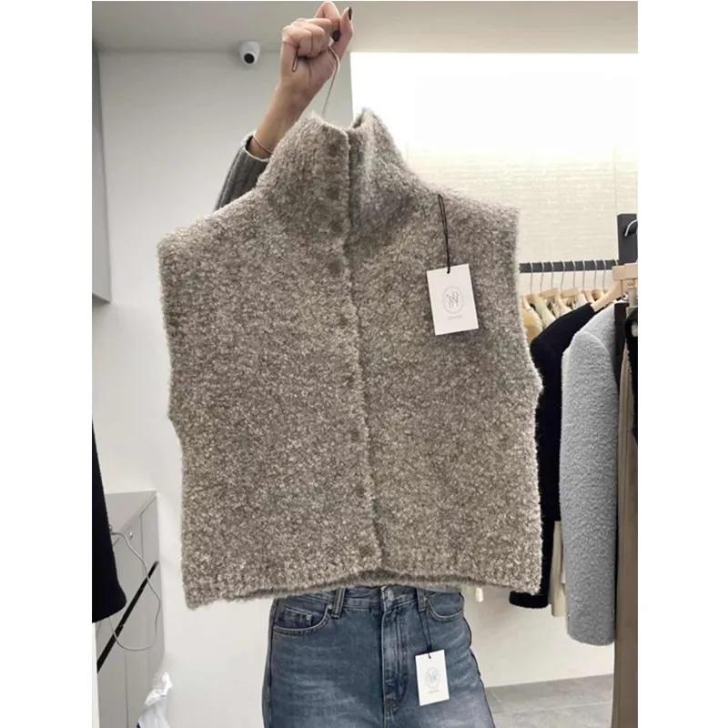 Women Spring Knitted Open Cardigan Sweater Design High Collar Sleeveless Vest Casual Commute Fit Outerwear