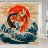 Japanese Style Shower Curtain Set,Red Sun And Crane Bathroom Decor For Kids Adults,Oriental Ukiyoe Bathroom Set Vintage