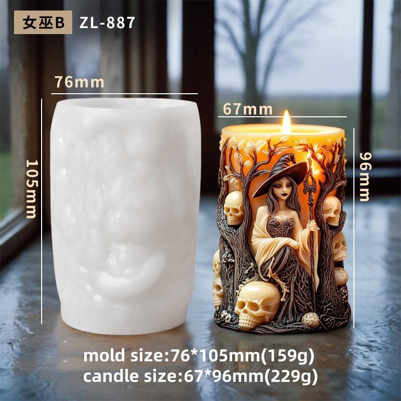 3D Witch Cylinder Candle Silicone Mold DIY Skull Witch Relief Cylinder Aromatherapy Resin Silicone Mould Halloween Decor Gifts