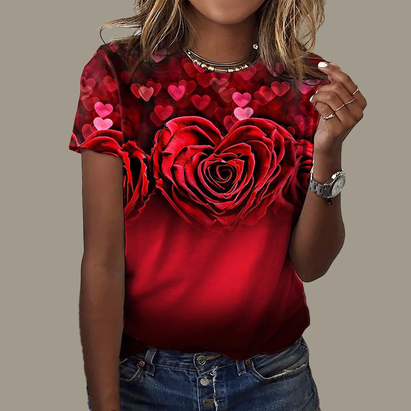 

Жіноча літня футболка у формі серця з принтом троянди, футболка з короткими рукавами, повсякденний топ з принтом XS червоний