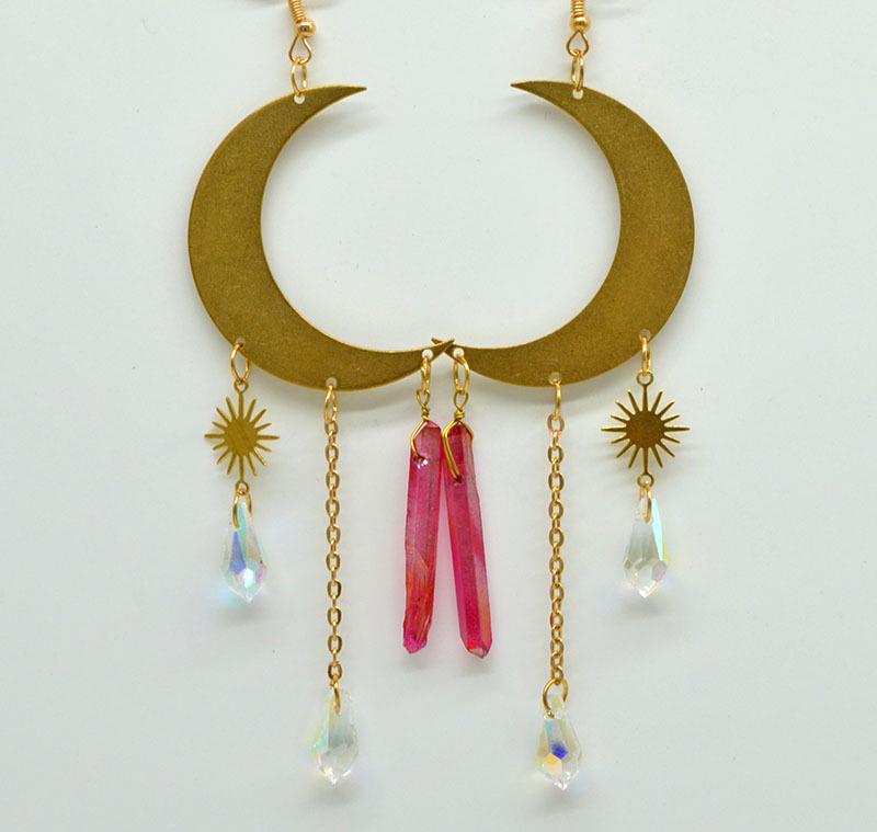 Multi-colored Copper Moon and Sun Raindrop Crystal Earrings