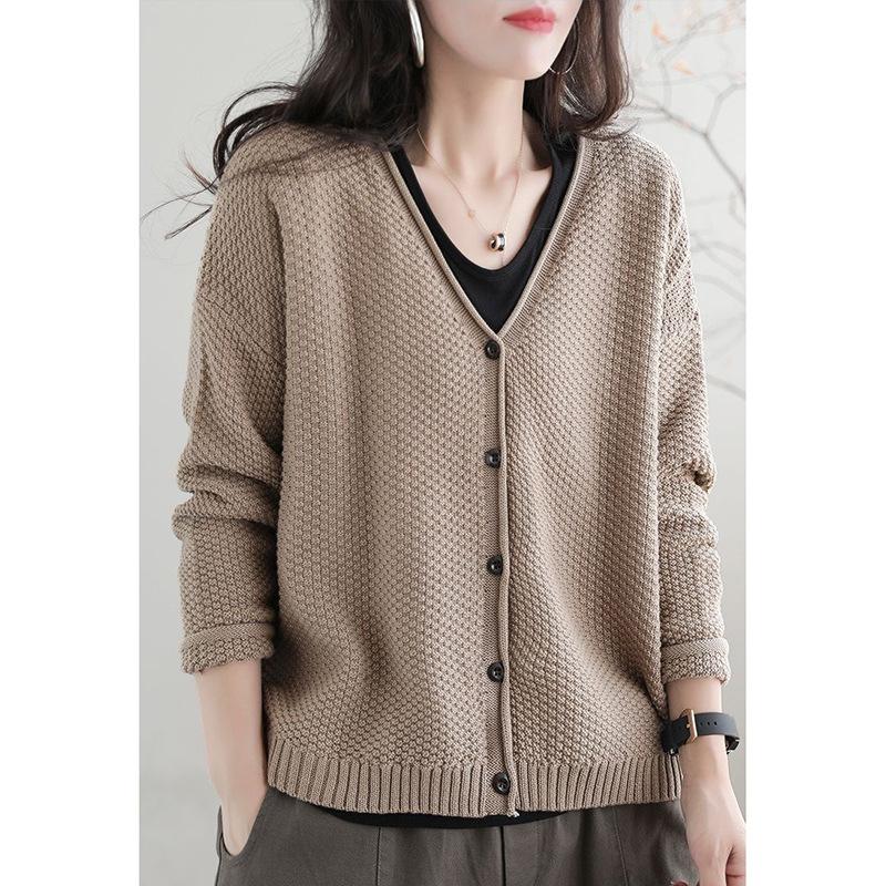 Retro Style Sweater Jacket for Women Spring and Autumn New Style V-neck Loose Knit Cardigan Casual Top