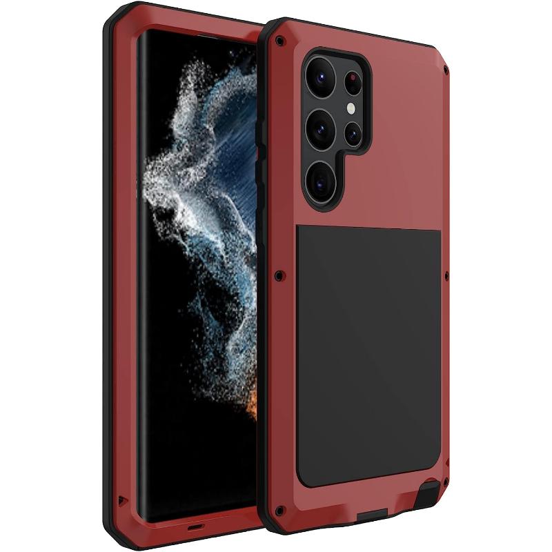 

Galaxy S23 Ultra Металлический корпус из алюминиевого сплава, Броня всего тела, Прочный военный прочный двухслойный винтовой бампер для Samsung Galaxy S23 Ultra красный