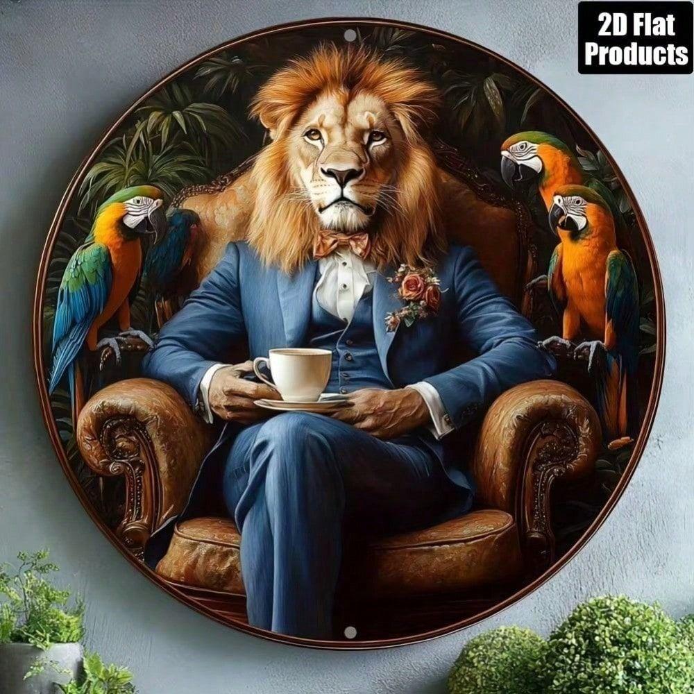 Round Metal Wall Art Parrot Lion Vintage Tin Sign Home Decor