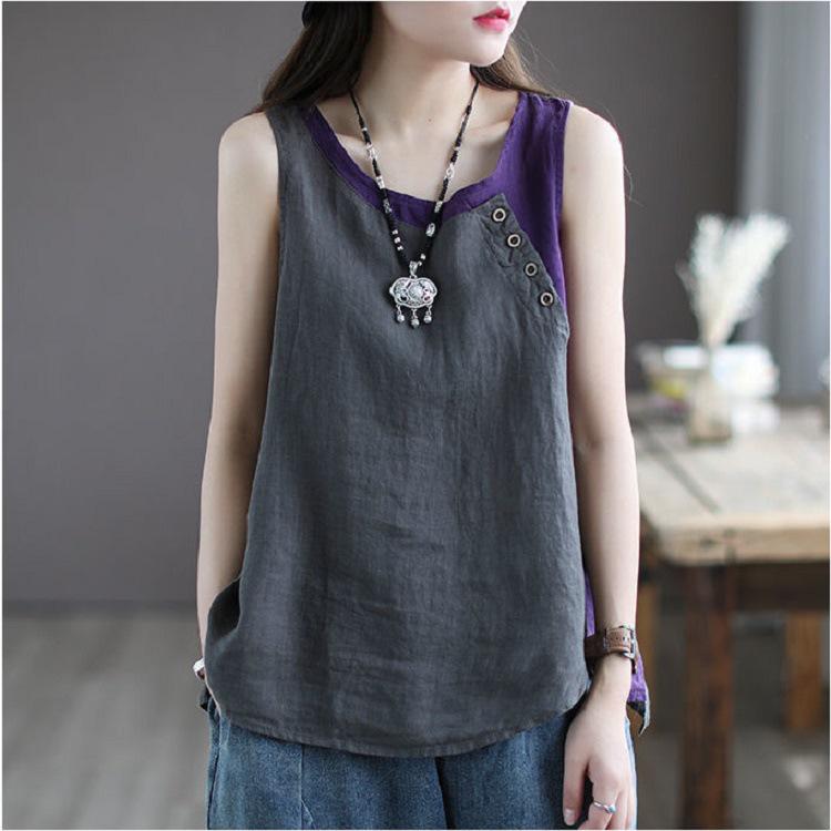 

Женский жилет из хлопка и льна в стиле ретро с цветными блоками и деталями на пуговицах M серый