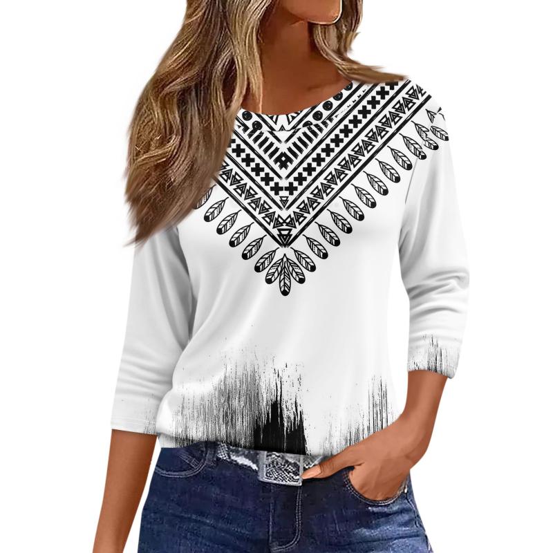 Women's Fashion Casual Round Neck 3/4 Sleeve Loose  Printed T-Shirt Ladies Top Dressy Tops for Women Trendy Womens Summer Tops