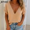 Women's Fashion Casual Solid Color Print Short Sleeve V Neck Blouses & Shirts