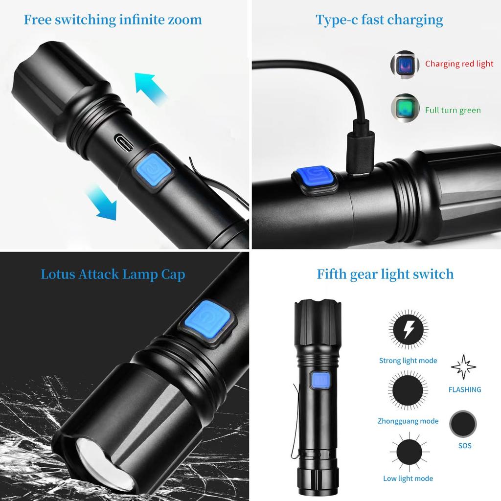 Mini high lumen rechargeable tactical super bright 1000 lumen flashlight with 5 scalable modes for emergency flashlight, camping.