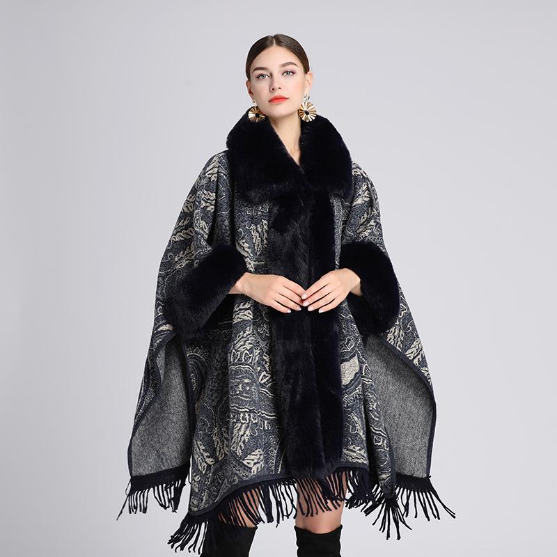Winter Women's Shawl Cape Jacket Fur Collar Jacquard Loose Tassel Large Size Seven-point Sleeves Tweed Jacket