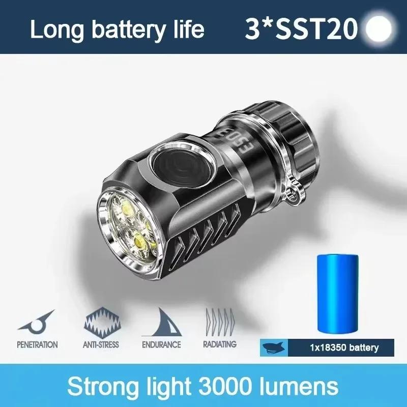 Mini 3*SST20 Powerful LED Flashlight USB Rechargeable 6 Modes Super Bright Waterproof Portable Pocket Torch for Camping Fishing