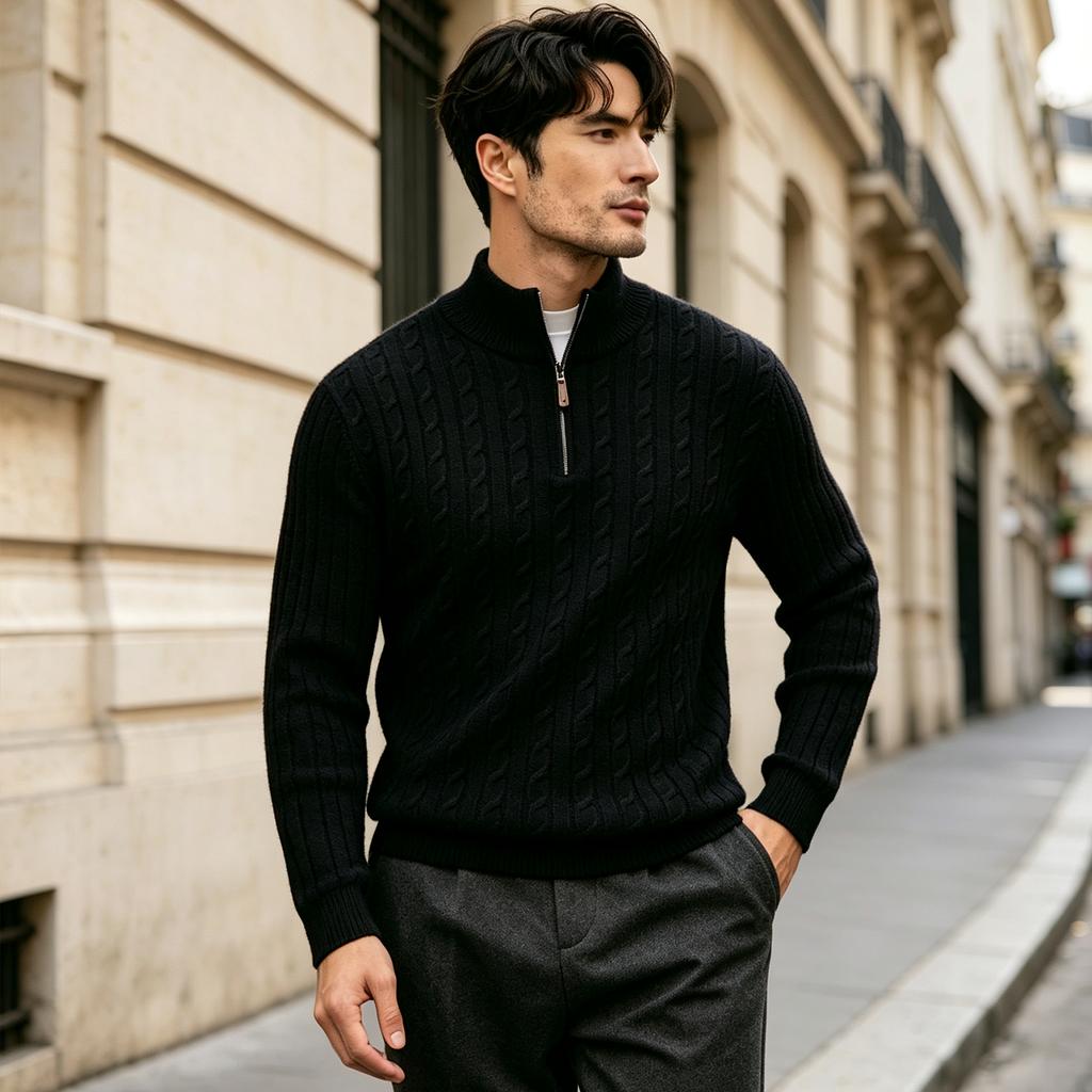 Men's Half Zip Cable Knit Sweater, Stand Collar Pullover for Fall Winter Business Casual