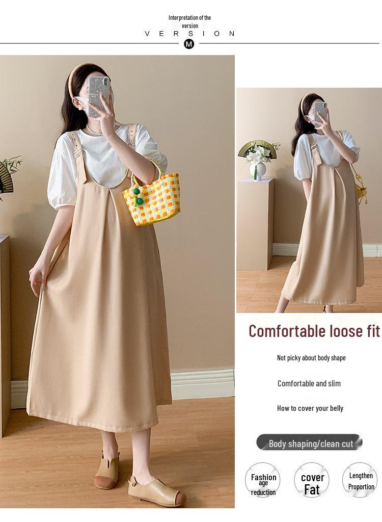 Plus Size 2026 Spring/Summer Maternity Overall Skirt & Shirt Set