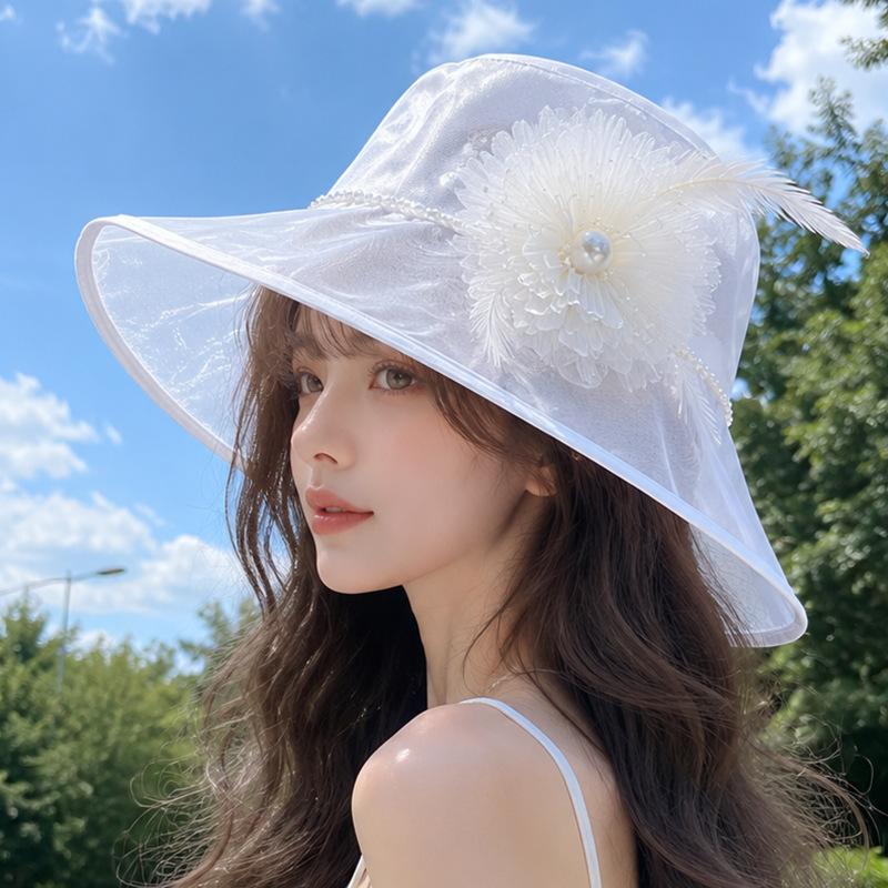 Satin polyester organza flower bucket hat women's summer breathable advanced elegant sunshade basin hat shows small face sunscreen