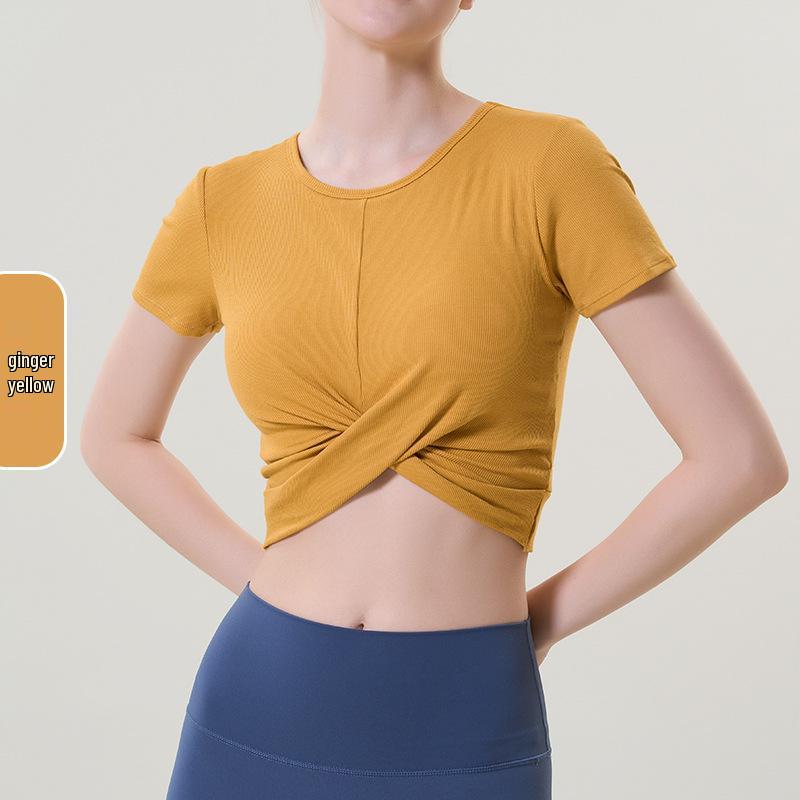 

Нюдовый кроп-топ с перекрестными бретелями и бабочкой - Спортивный, сексуальный топ с короткими рукавами для йоги для женщин Large жёлтый/имбирный