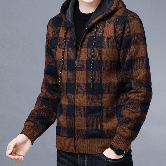 Men Fall Winter Jacket Color Matching Plaid Print Knitted Hooded Zipper Closure