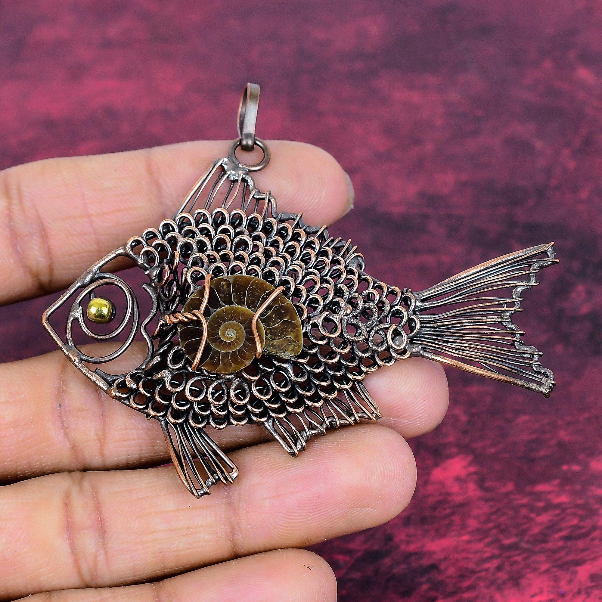 Ammonite Fossil Pendant Copper Wire Wrapped Decent Jewelry Fish Gemstone Pendant