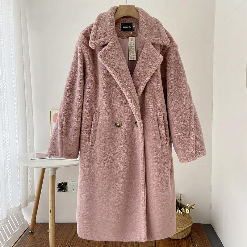 2024 Winter Long Faux Fur Coat Women Winter Lamb Fur Plush Coat Ladies Blazer Collar Lapel Fluffy Jacket Fashion Overcoat Elegant Outerwear
