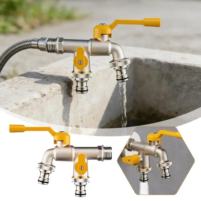 Thickened Brass Double Outlet Faucet, Full Copper Outdoor Freeze Proof Large Flow Tap for Garden Watering, Washing Machine Use