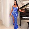 European & American Rhinestone Bodycon Spaghetti Strap Slit Dress for Nightclubs