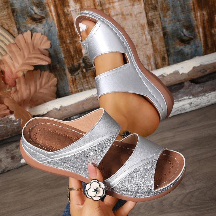 Women's Glitter Two Strap Wedge Sandals Open Toe Soft Sole Comfortable Walking Shoes for Summer Beach Vacation Casual Daily Wear