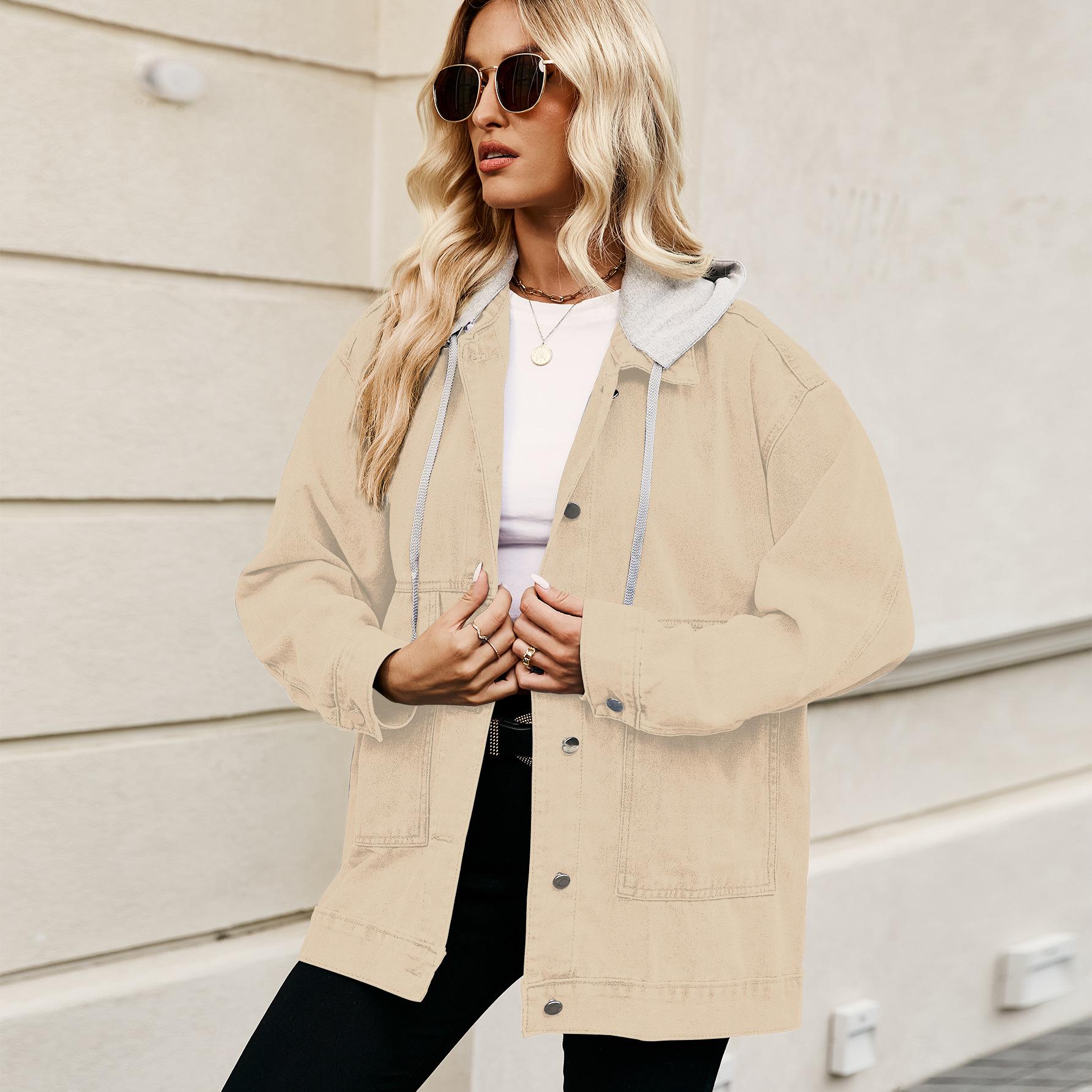 

GMXIA Весна-Осень Однотонный Принт Универсальный Утягивающий Ретро Классический Свободный Джинсовый Повседневный Топ Куртка для Женщин XXL легкие хаки