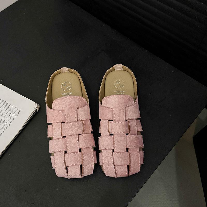 

Женские летние полушлепанцы с толстой подошвой, с закрытым носком, 2025 новинка, ретро, плетеные, полые, на мягкой подошве, ленивые, крутые шлепанцы 40 розовый