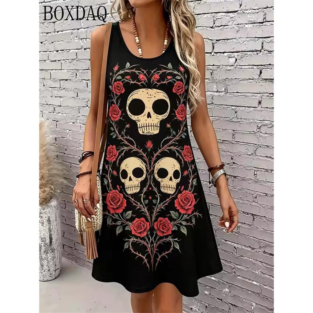 Skeleton Print Fashion Casual Mini Women's Dress Summer Round Neck Sleeveless Loose Women's Vest Party Dress