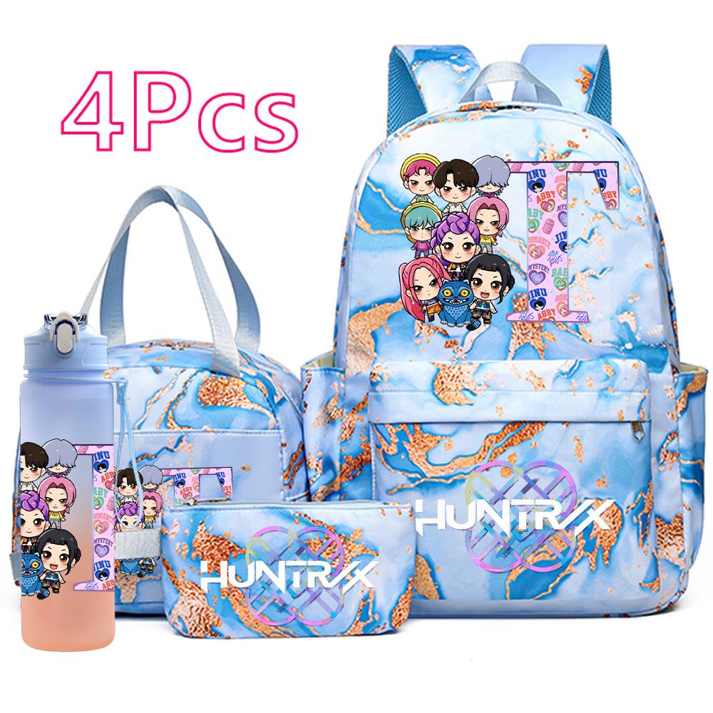 4Pcs/set Anime K-Pop Printed Backpack Handbag Pencil Case with 750Ml Water Bottler for Teenager Boy Girl Schoolbag Large Capacity Bookbag Kid Gift