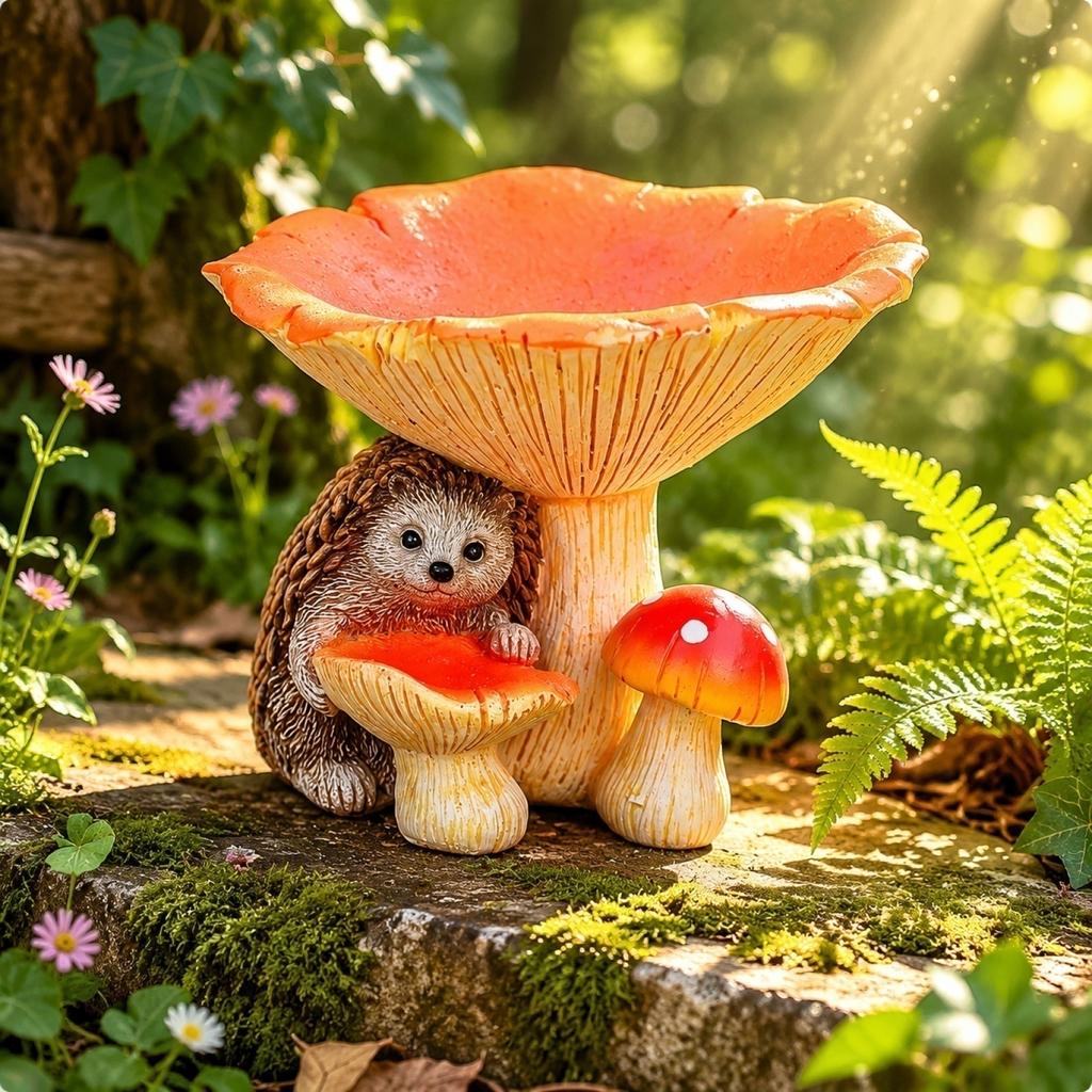 Hedgehog Mushroom Bird Feeder Ornament Resin Decorative Sculpture for Outdoor Garden Yard Patio Lawn Decor Statue