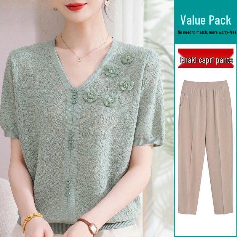 2026 Summer Ice Silk Blouse & T-Shirt Set for Moms and Seniors