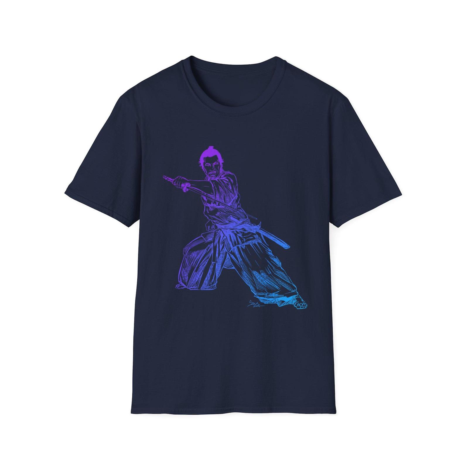 Samurai Martial Arts Inspired Unisex T-Shirt, (BluePurple) Softstyle Tee , Toshiro Mifune, Sanjuro, Yojimbo, seven samurai, Rashomon L