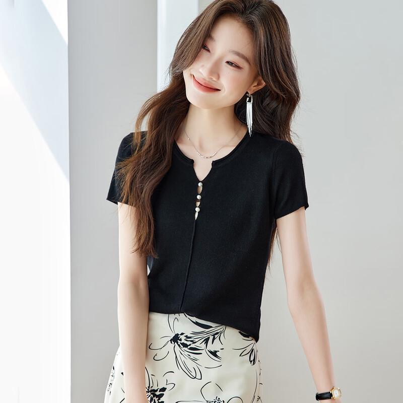 Srcr Women s Petite Beaded Silk Blend V-Neck Knit Top L