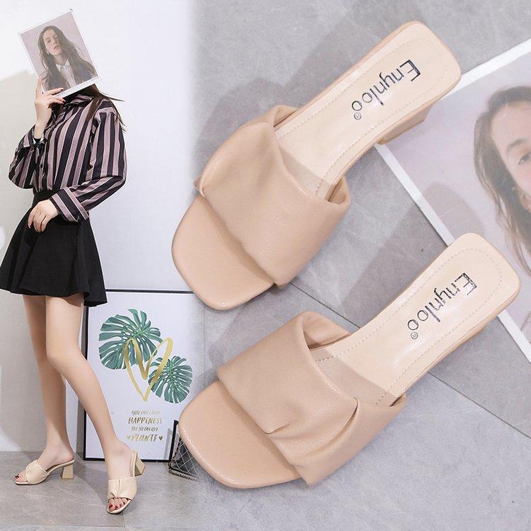 Women's Summer Clip On High Thick Heel Slippers Casual Square Toe Solid Color Outerwear Sandals 5.5cm 35-42