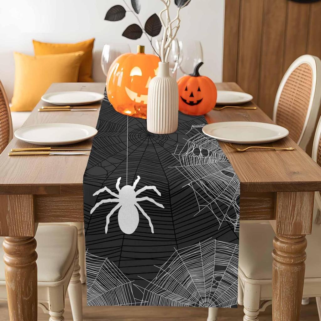 Halloween Linen Table Runner,Spiders Spiderweb Texture Dresser Scarf Kitchen Dinning Tabletop Covers Decor for Indoor Outdoor Party Holiday Wedding