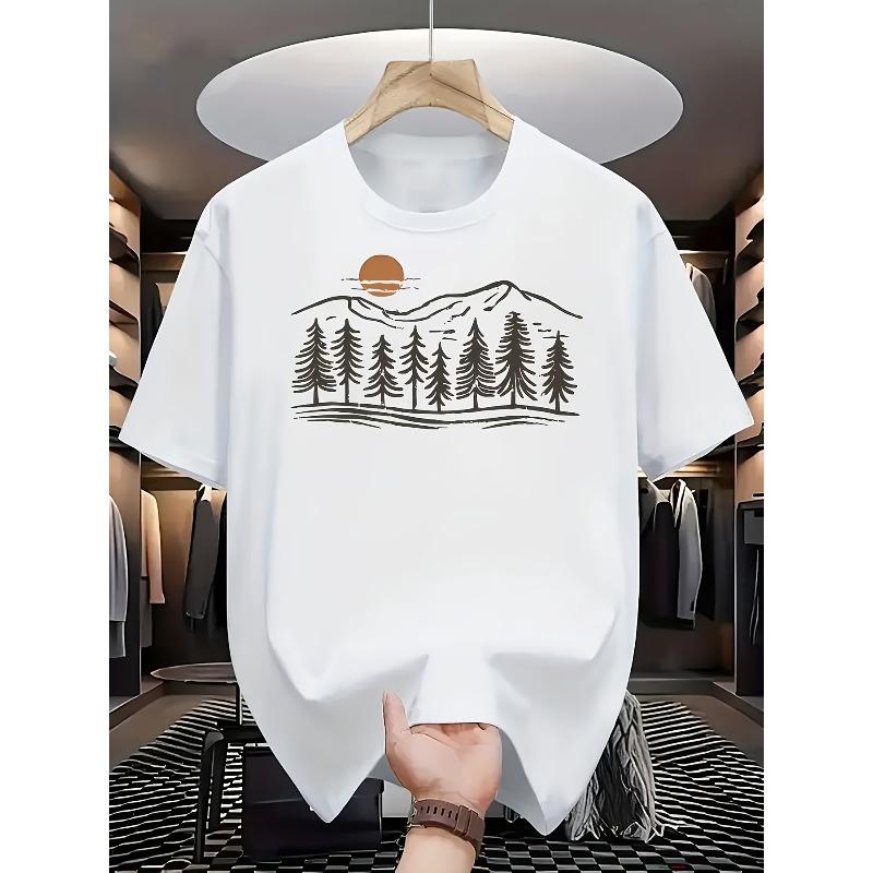 

European Size Natural Landscape Themed Print White Short-Sleeved T-Shirt: A Fashionable Item Showcasing Outdoor Aesthetics with Mountain, Forest S белый