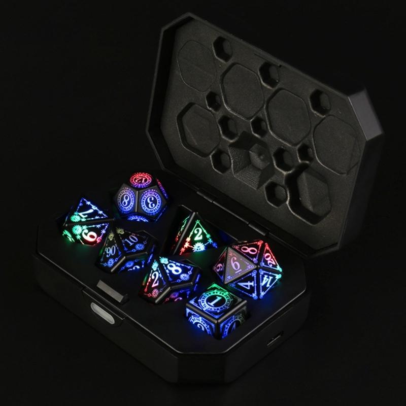7Pcs Glowing Polyhedral Dices with Charging Box Rechargeable LED Colorful Light Electronic Dices for Role Playing Game
